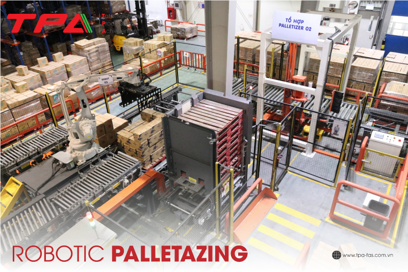 Robot xếp hàng lên Pallet, Robot xếp thùng cartoon